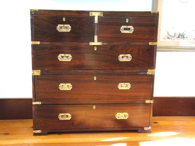 A diminutive 19th c. Anglo-Indian Rosewood Two-part CAMPAIGN Chest of Drawers circa 1850-1870